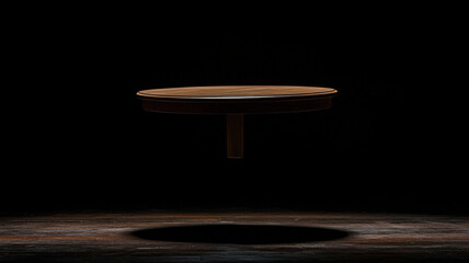 Kicking the table, little circular wooden table is flipping over, black background, photographic image, dark atmosphere 