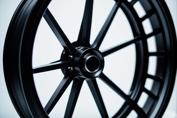 Obraz premium A close-up shot of a black wheel on a white background, great for use in automotive or design contexts