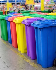 Colorful Set of Recycling and Garbage Bins in a Retail Store for Waste Management and Environmental Awareness