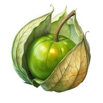 Fresh green tomatillo in husk isolated on transparent background