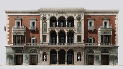 Classic antique building facade. Vector realistic illustration of brick and stone palace exterior wall decorated with vase sculpture, arches, balustrade on balconies, elegant white marble architecture