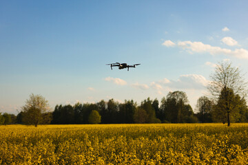 Dron, operator drona podczas pracy. Nagrywanie filmów z lotu ptaka dronem. Dron w rolnictwie. Filmy z góry. 