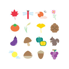 秋の自然アイコンセット：もみじ・きのこ・果物 - Autumn Nature Icon Set: Maple, Mushroom, and Fruits
