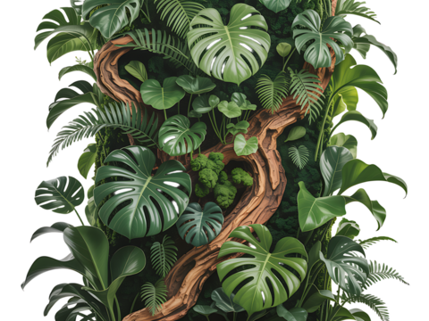 Lush green tropical plants and wood texture combine in a vertical garden aesthetic