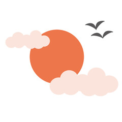 夕日のベクターイラスト：夕焼け空と鳥 - Sunset Vector Illustration: Evening Sky and Birds