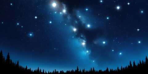 Naklejka premium Deep Blue Gradient Night Sky Filled with Twinkling Stars and Dark Trees