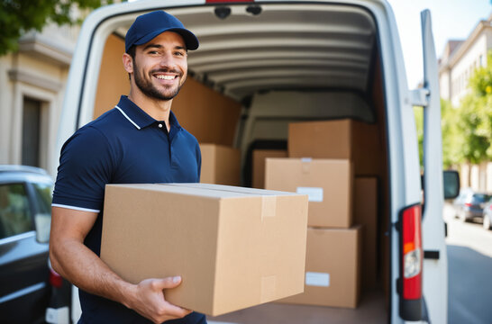 Delivery Driver With Cardboard Box – Smiling Courier In Uniform With Package Next To Van For Logistics Companies, Shipping Services, And Packaged Orders Ready For Delivery