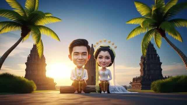 Charming Javanese Wedding Couple Posing at Prambanan Temple During Sunset