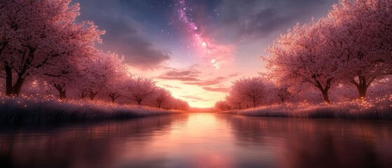 Obraz premium Cherry blossoms over a serene river