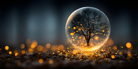 Transparent bubble suspended mid-air with swirling warm golden light and surrounding sparkling embers in motion
