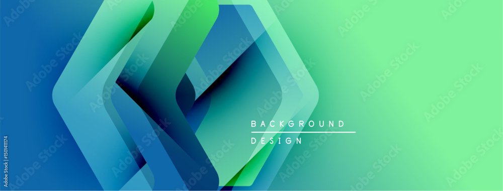 Poster abstract geometric design. blue, green gradients create layered shapes. modern aesthetic, suitable f