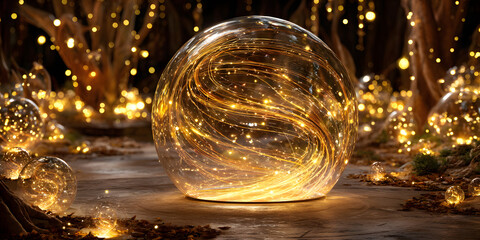 Transparent bubble suspended mid-air with swirling warm golden light and surrounding sparkling embers in motion
