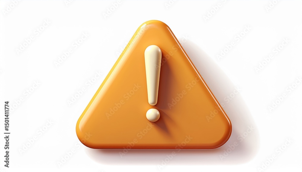Poster  3d orange warning icon with white exclamation mark in triangular shape for alert system, web interface, mobile app ui, game design, branding or safety sign visuals