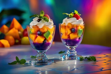 Colorful fruit dessert layered in a glass bowl.