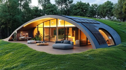 Fototapeta premium Curvilinear eco-home nestled into hillside, featuring solar panels, large windows, and outdoor deck