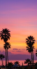 Photo Of Vivid Sunset Over Tropical Beach With Silhouetted Palm Trees And Orange Sky