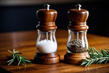 A pair of vintage-style salt and pepper shakers on a wooden table, perfect for rustic or farmhouse-themed settings