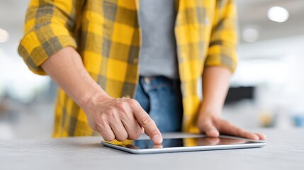 A person in a checkered shirt interacts with a tablet device in a modern workspace, showcasing digital engagement and technology integration in daily business activities.