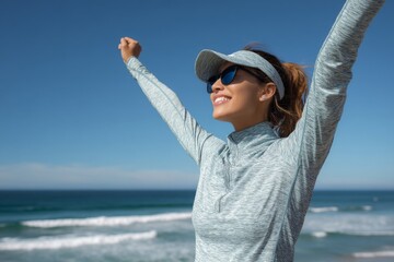 A woman at the beach celebrates with arms raised, enjoying the sun and a beautiful view.