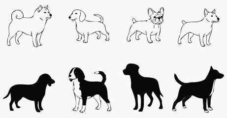 Diverse Dog Breed Line Art and Silhouettes - Vector Collection for Pet Graphics