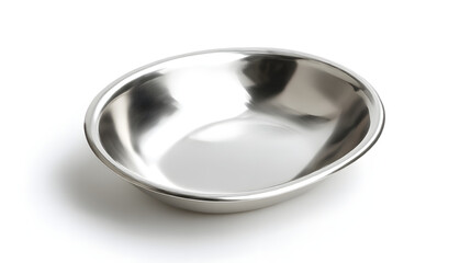 Isolated empty shiny stainless steel bowl with a silver spoon on a white background