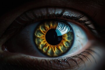 Naklejka premium A close-up shot of an individual's eye with a distinctive yellow iris