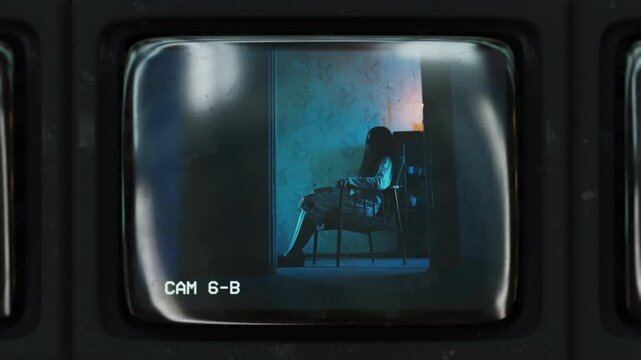 Woman in nightgown sitting on chair, mental ward CCTV feed, eerie horror scene