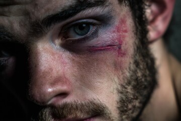 Obraz premium Dramatic close-up portrait of a man's face, revealing fresh injuries and a bruised eye.