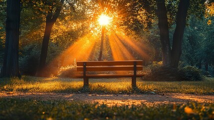 Peaceful evening park scene with glowing orange sky and sun rays 