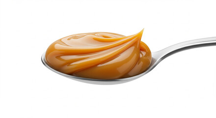 Creamy dulce de leche in a stainless steel spoon, on a white background, detailed close-up