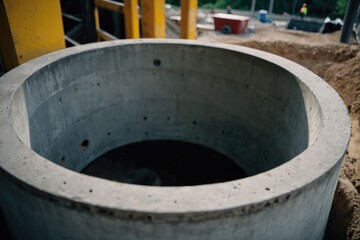 Fototapeta premium A concrete bowl sits in the midst of a construction site, surrounded by half-built structures and heavy machinery