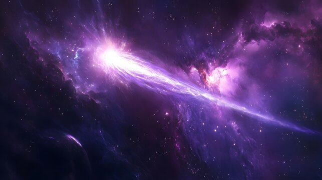 Bright white comet trailing through a dark purple galaxy
