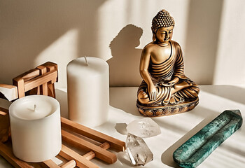 A clean, modern home altar with crystals, incense, a small Buddha statue, and a white candle on a wooden shelf. Neutral-toned wall background, soft natural lighting, peaceful atmosphere 