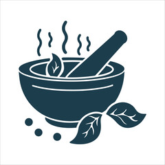 Herbal Medicine Mortar and Pestle Icon  Herbal Anointing Mortar and pestle with steam swirls rising blending into a single delicate leaf.