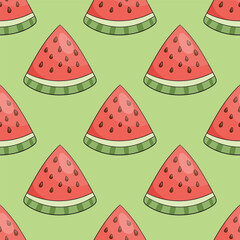 Watermelon slice, seamless doodle pattern, summer design with green background
