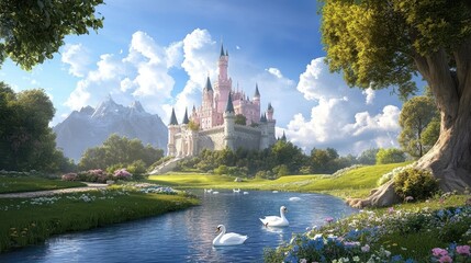 Naklejka premium Castle by lake, swans swimming
