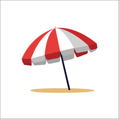 Flat vector icon of a red and white beach umbrella on sandy ground, isolated on white background, symbolizing summer, vacation, holiday, and beach concepts.

