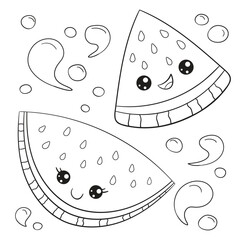 Children's coloring book, watermelon slices and water drops, kawaii characters