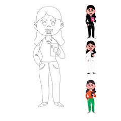 vector icon of an adult woman holding a mobile phone, line icon and colored dark white, black, shirt using dark green, pants using dark red 

