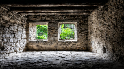 Obraz premium Abandoned Stone Room with Greenery Views - Decaying stone walls, aged wooden beams, two windows showing vibrant green foliage, signifying nature's resilience, time's passage, forgotten history, hope