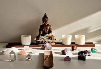 A clean, modern home altar with crystals, incense, a small Buddha statue, and a white candle on a wooden shelf. Neutral-toned wall background, soft natural lighting, peaceful atmosphere