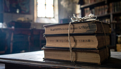 Obraz premium Stack of weathered, bound books tied with twine on an antique table. Evokes history, learning, wisdom, and mystery. Ideal for academic, literary, or vintage themes.