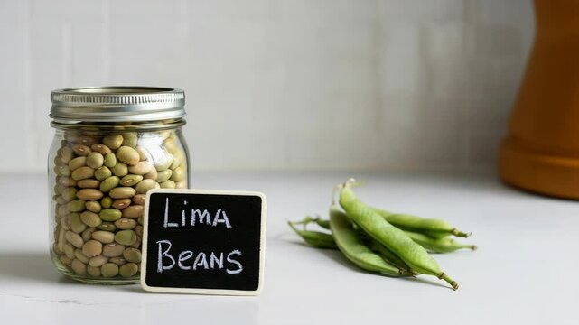 Jar filled with lima beans, small chalkboard sign on table