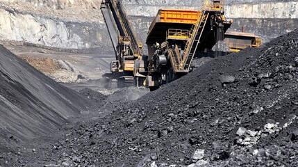 Coal mining operation showing heavy machinery loading coal onto large trucks within a quarry