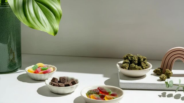 Assorted edibles and cannabis buds on white background, natural light