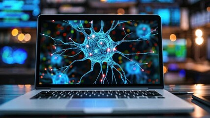 Scientific research using laptop with neuron model on screen - Powered by Adobe