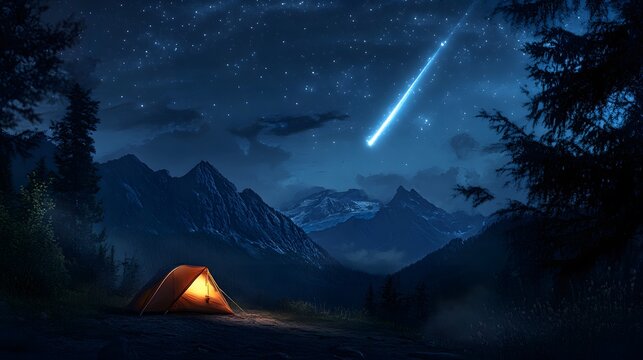 Nighttime camping scene with comet visible over mountain ridge