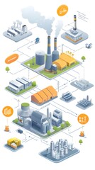 Obraz premium An illustrative infographic depicting industrial processes, featuring factories, pipelines, and power plants for educational purposes.