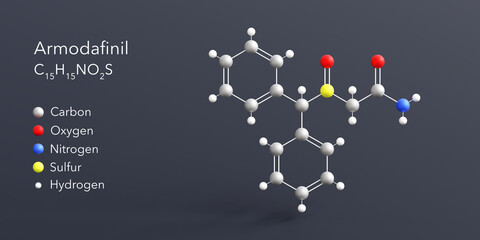 armodafinil molecule 3d rendering, flat molecular structure with chemical formula and atoms color coding