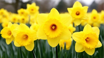 Fototapeta premium Abundant Daffodils in Spring Meadow - Field of bright yellow daffodils, symbolizing spring, renewal, hope, joy, and new beginnings. A vibrant and cheerful scene
